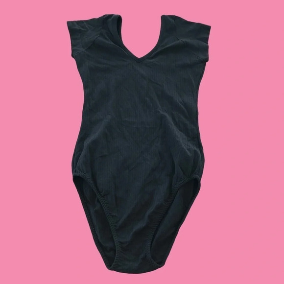Vintage 80s Danskin Large Black Ribbed V Neck Dance Leotard Exercise Aerobics L - Picture 1 of 6